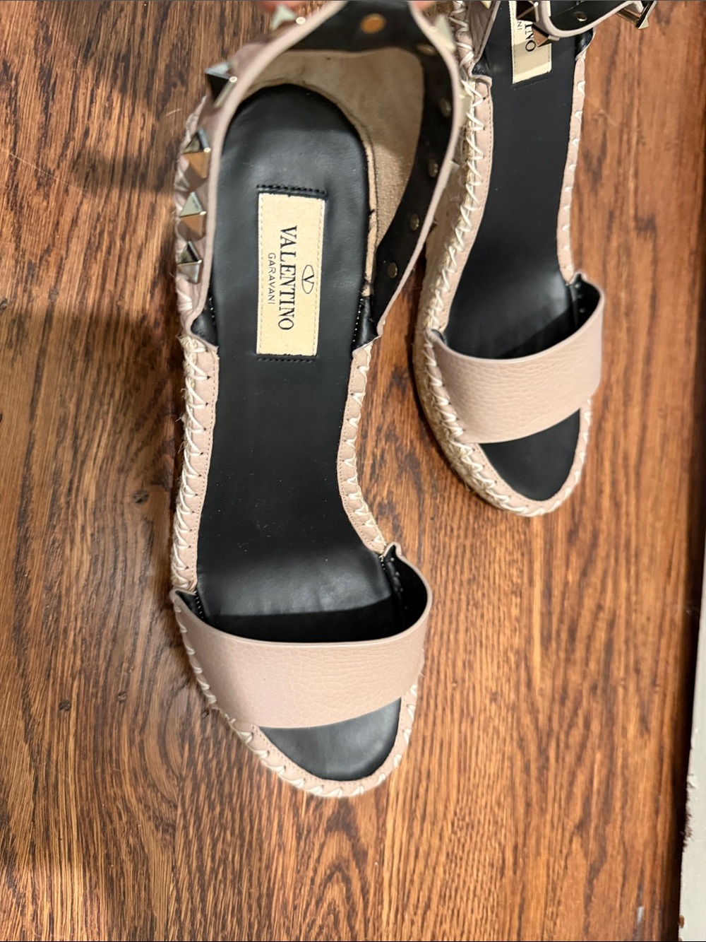 Valentino Garavani Blush Pink Studded Ankle-Strap Espadrille Wedges - Picture 2 of 7